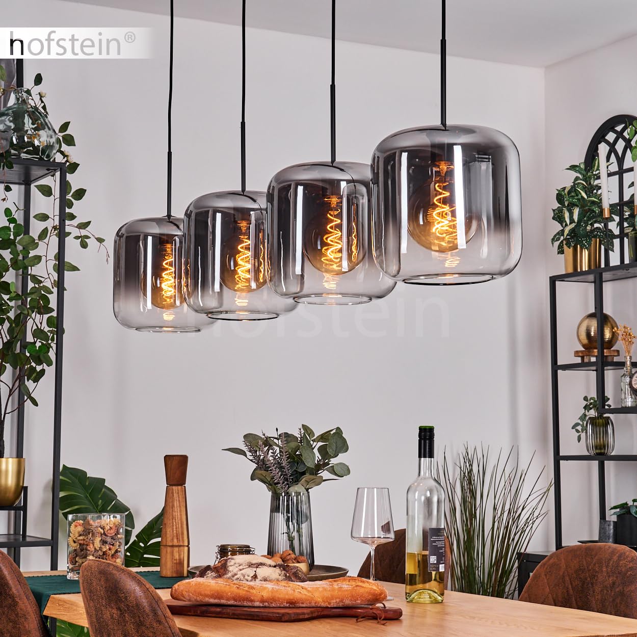 HOFSTEIN Hängeleuchte Lauden, 4-flammige Hängelampe aus Metall/Glas in Schwarz/Rauchfarben/Klar, moderne Pendelleuchte im Retro/Vintage-Design, Ø Schirme 25 cm, E27, Esszimmer, Küche, Wohnzimmer