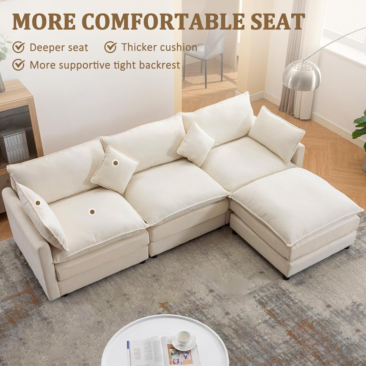 L-Shaped Modular Sectional Sofa, Deep 3-Seat Sofas with Moveable Ottoman, Comfy Modular Couch with Chenille Covers, Small Sofa Furniture for Living Room, Apartment, Studio, Office, White