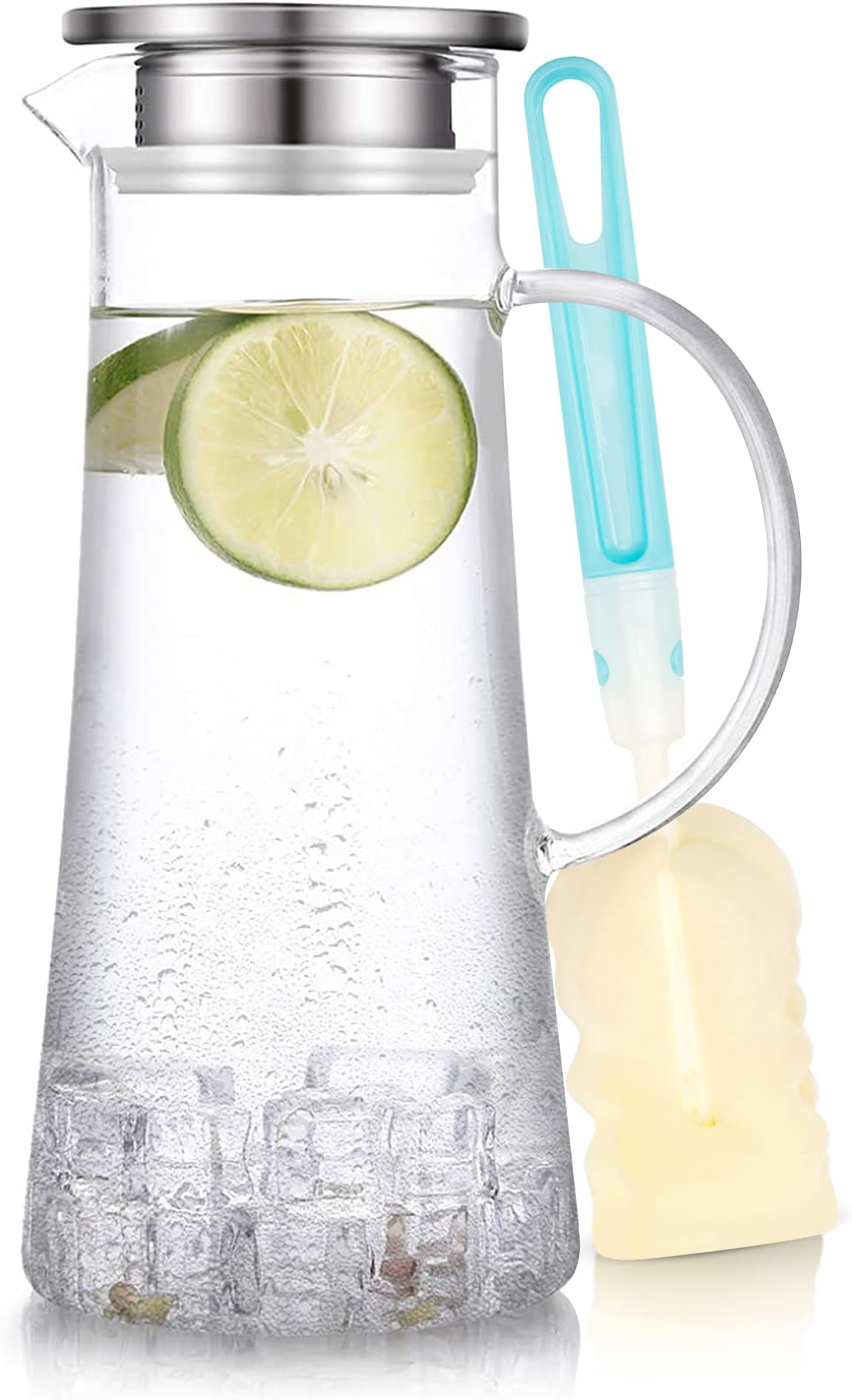 1.5 Litre Glass Jug with Lid, Easy Clean Water Carafe, Heat Resistant Borosilicate Jug for Homemade Beverages, Iced Tea, 1 Long-Handled Brush Included