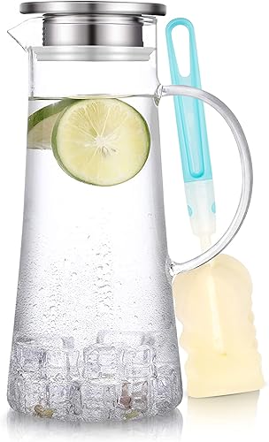 SUSTEAS Jarra de Vidrio de 1.5 Litros 51oz con Tapa, Fácil de Limpiar, Jarra de Agua de Vidrio Resistente al Calor con Asa para Bebidas