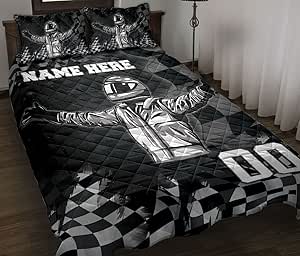 Custom Racing Lover Racer Checkered Flag Unique Gift Personalized Name Number Quilt Blanket & Pillowcases, Quilts Bedding Set & Pillow Cover, King Queen Double Twin Throw Full Size Bedspread Bed Sets