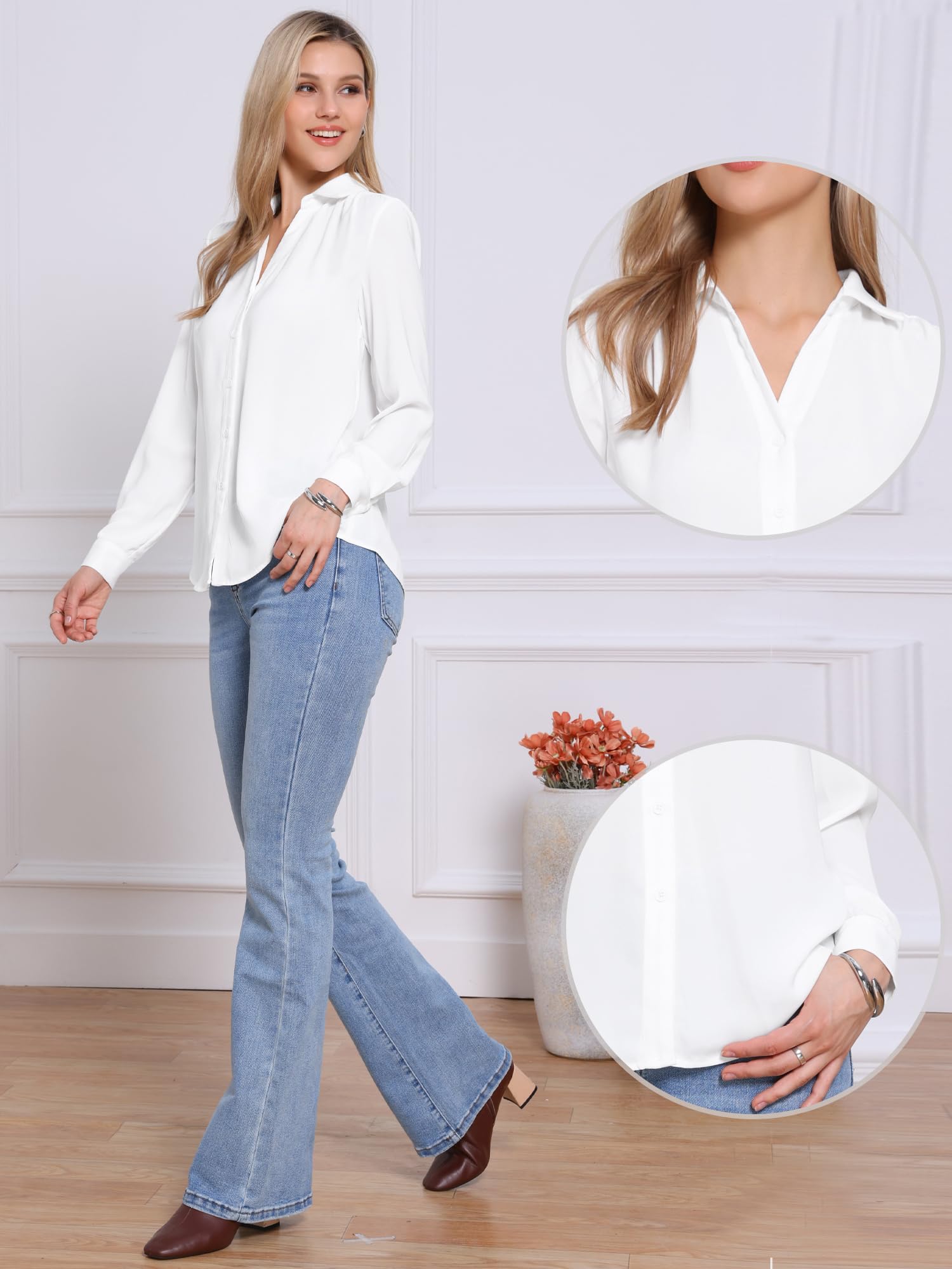Allegra K Camicia con colletto button down per donna a maniche lunghe 2025 camicetta casual da lavoro