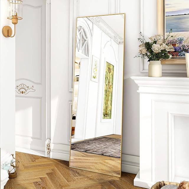 Koonmi Floor Mirror, 52 x 161 cm Mirror Full Length with Minimalist Narrow Aluminum Frame, Modern Large Wall Mirror Standing or Hanging for Living Room and Bedroom, Black