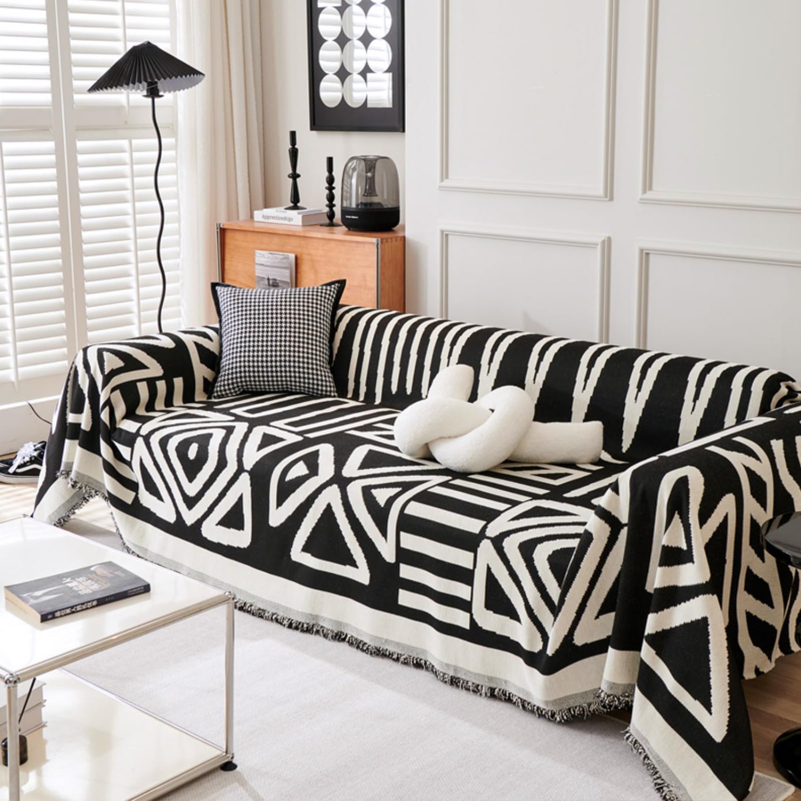 DREAMLANDING Sofa Covers Soft Durable Chenille Sofa Couch Covers Slipcovers Furniture Protector with Tassel for 1 2 3 Seater Loveseat L-shape Corner Futon Sofas for Dog(Boho Black,180x265cm)
