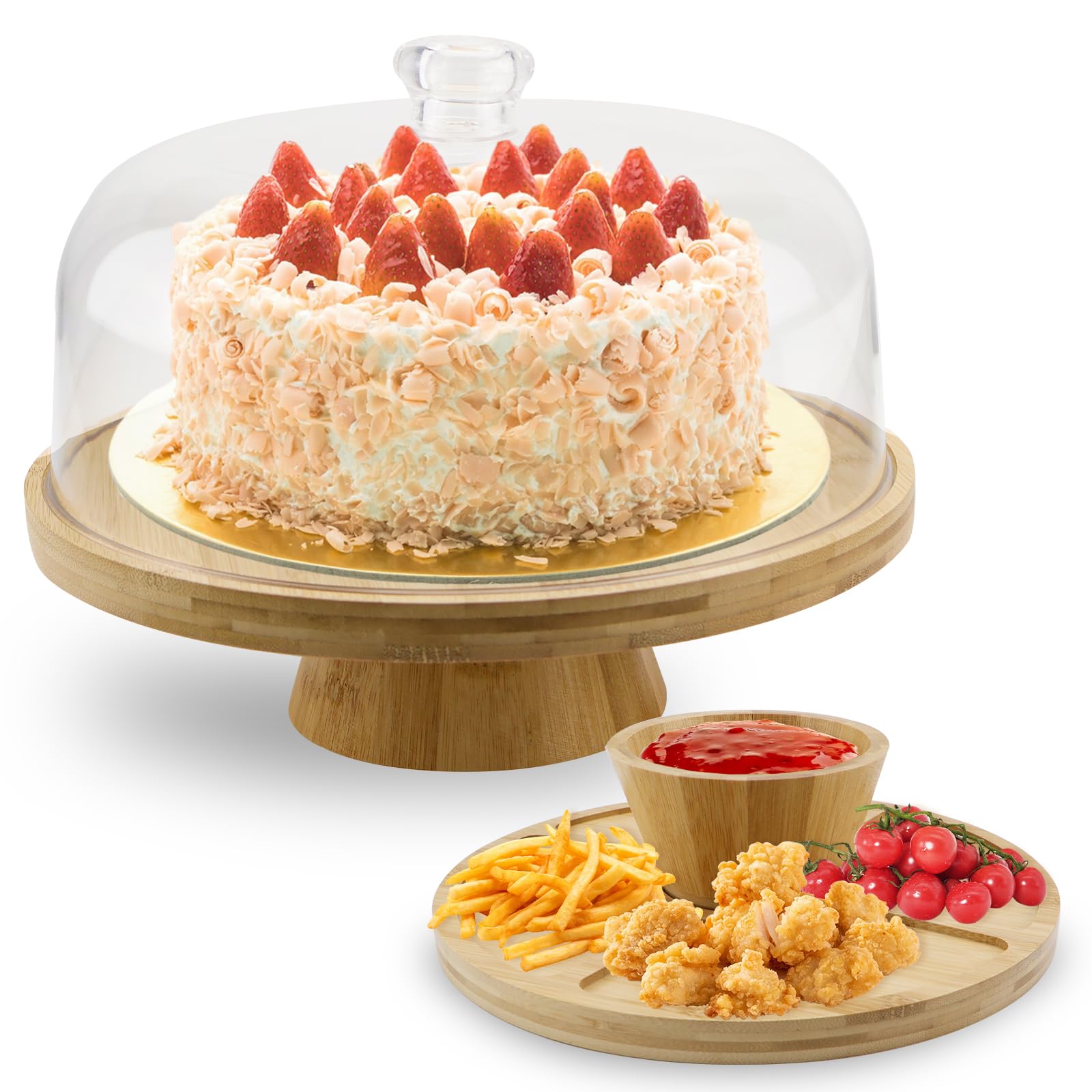 Présentoir à gâteau 6 en 1 avec pied en bois et couvercle en plastique, rond, décoratif pour la pâtisserie et les fêtes (A)