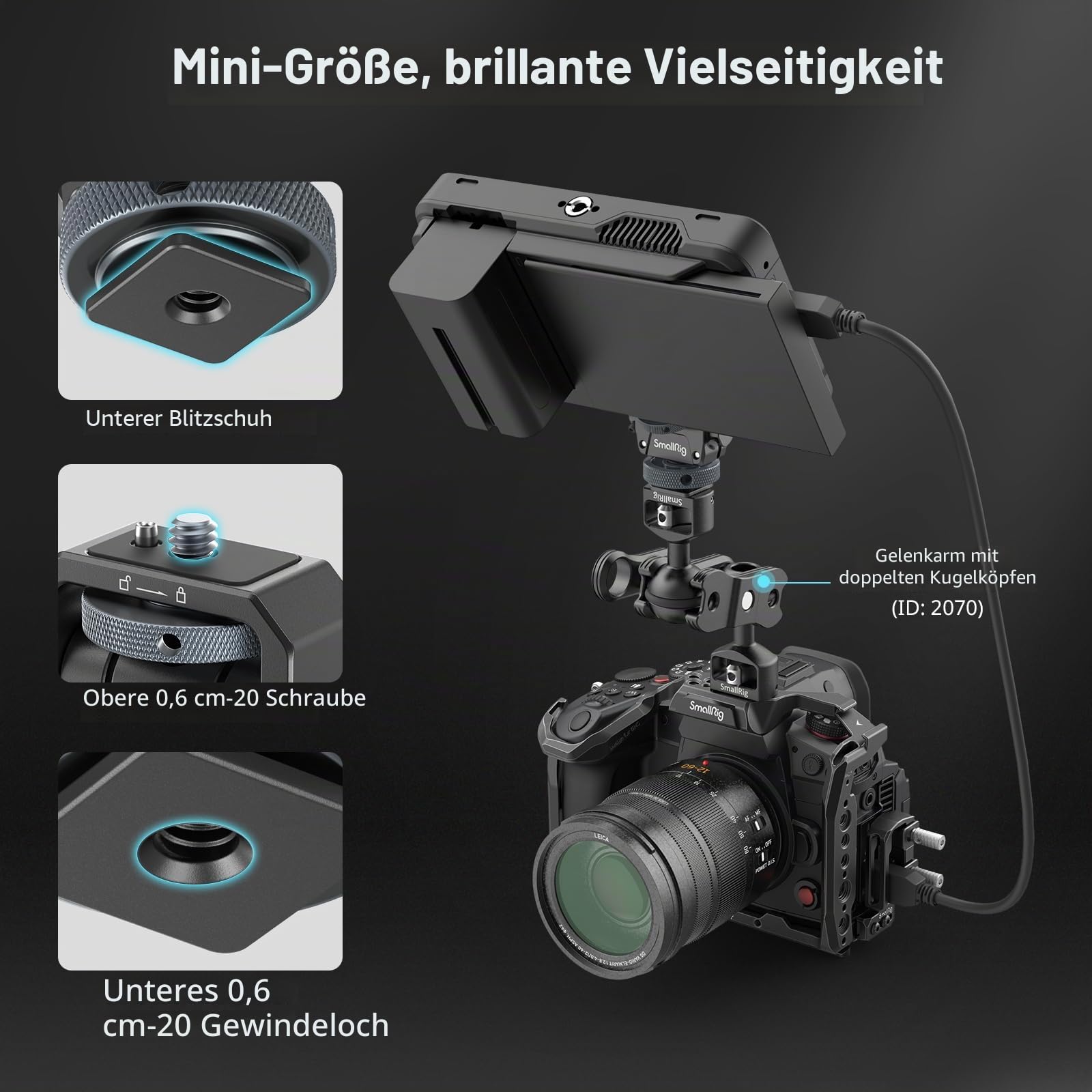 SMALLRIG Kamera-Monitorhalterung Lite mit Blitzschuh, 360° schwenkbar und 180° neigbar, Halterung für Feldmonitor Tragkraft von 90° Neigung 3,2 kg-3809B