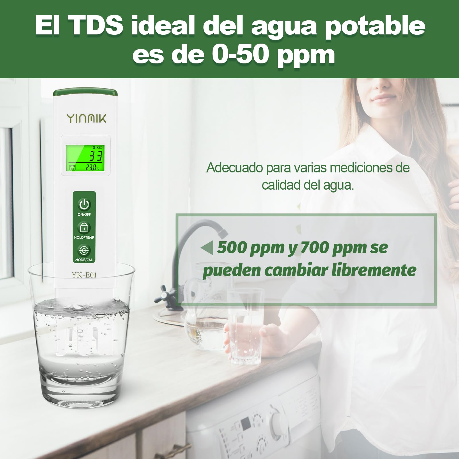 YINMIK Medidor pH y TDS Profesional 4 en 1 Digital Calidad del Agua con ATC