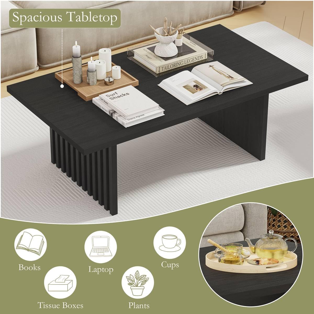 BON AUGURE Coffee Tables for Living Room, 47 Inch Modern Living Room Table, Rectangular Coffee Table with Spacious Tabletop, Slatted Panel Center Tables Centerpiece, Black Oak