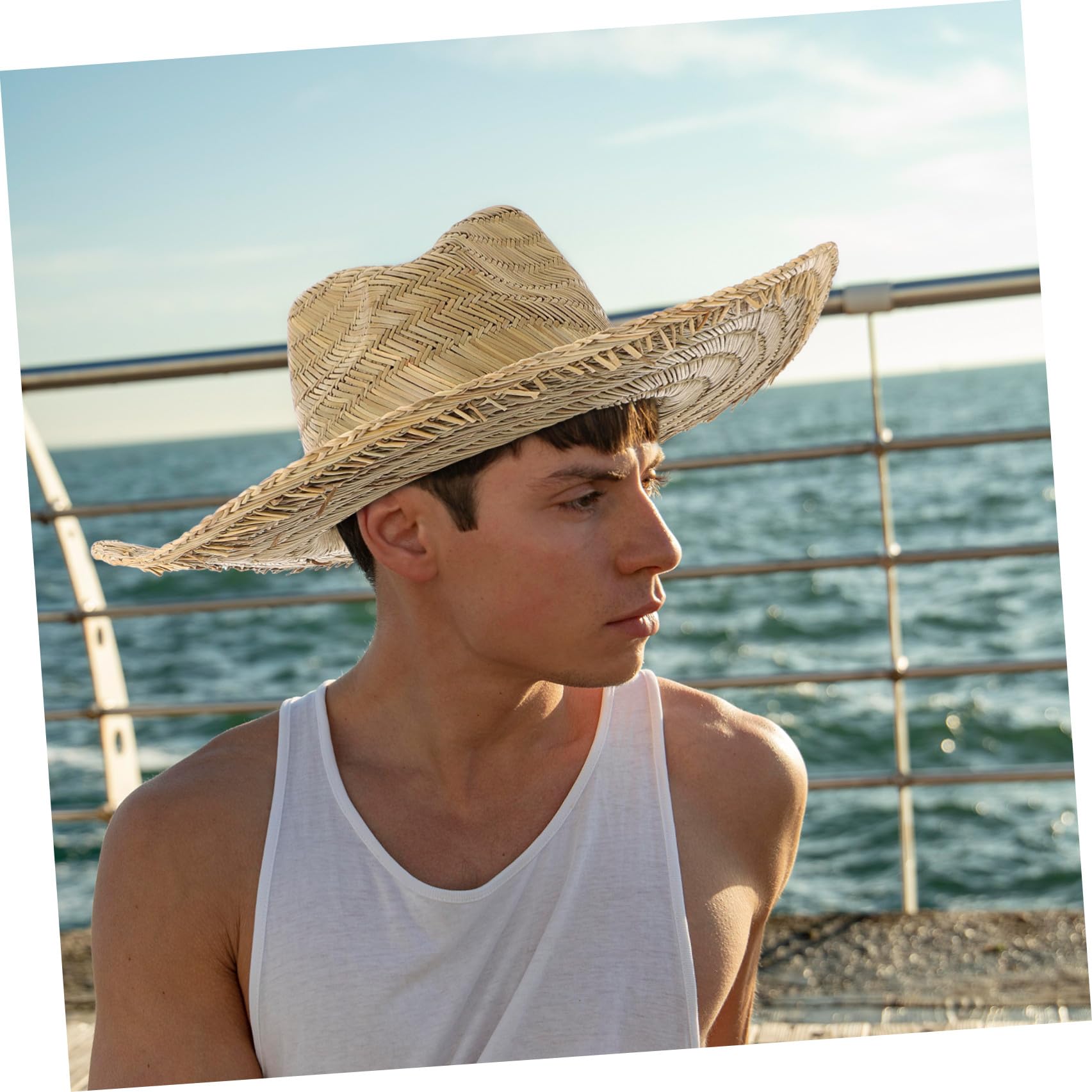 Operitacx Chapeau de Paille à Larges Bords pour Hommes Été, Protection UV, Léger et Décoratif, pour Activités de Plein Air et Randonnée, Taille 58-60 Cm