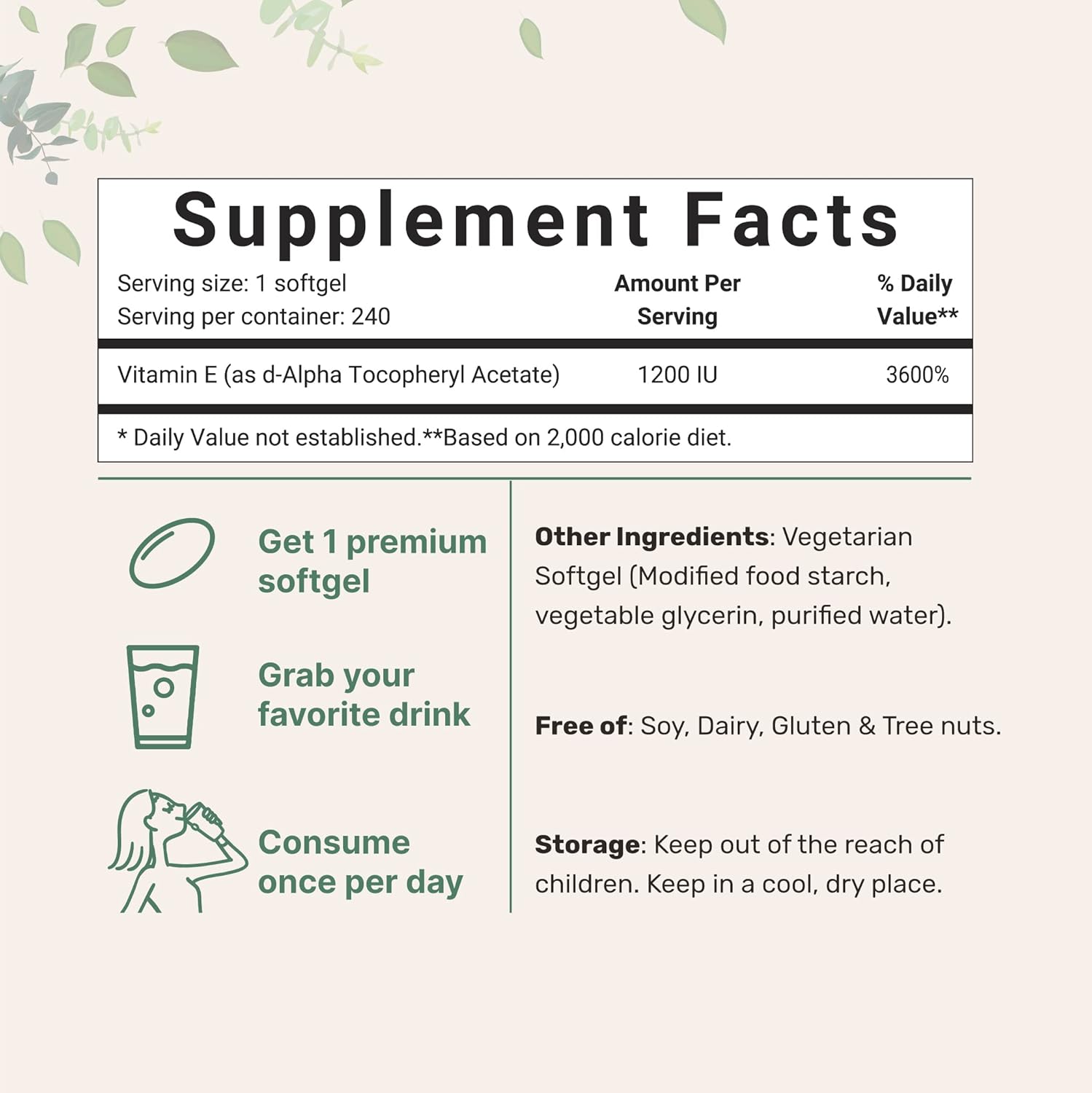 Vitamin E Softgels with Sunflower Seed Oil, 1200IU, 240 Counts, Promote Skin, Antioxidant & Immune Function, Premium Vitamin E Oil Liquid Pills, Non-GMO, Vegan Friendly : Health & Household