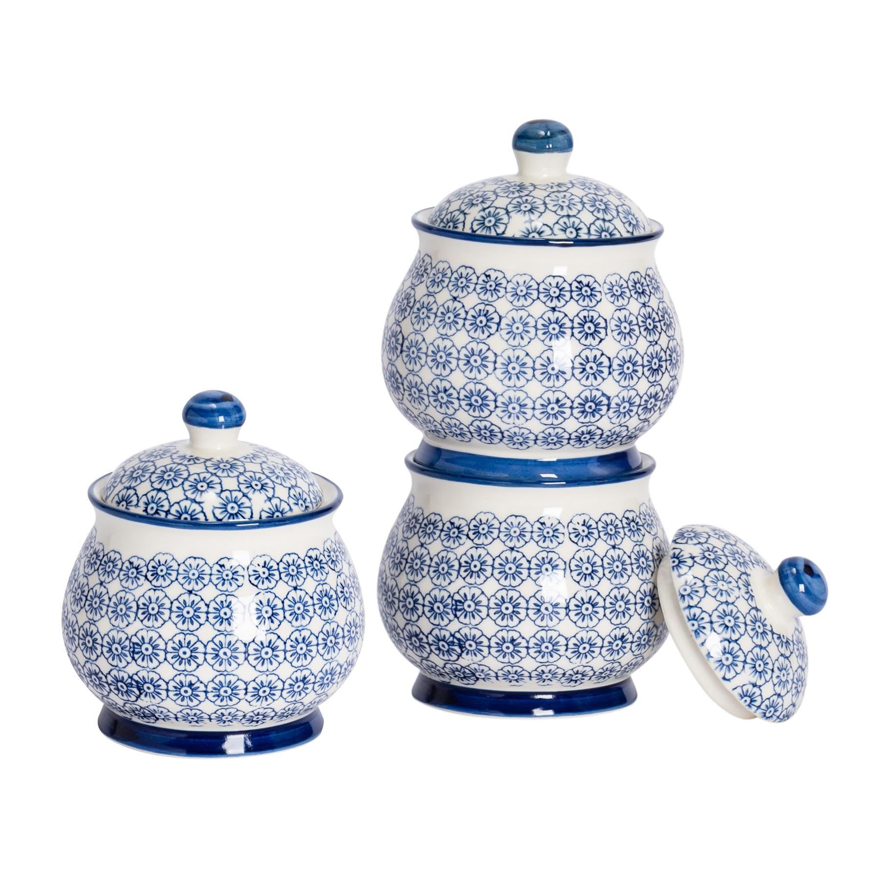 Nicola Spring Patterned Sugar Bowls with Lids - Navy - Pack of 3 - Porcelain Hand Printed Sugar Pot China Kitchen Salt Jar Seasoning Spice Storage Container