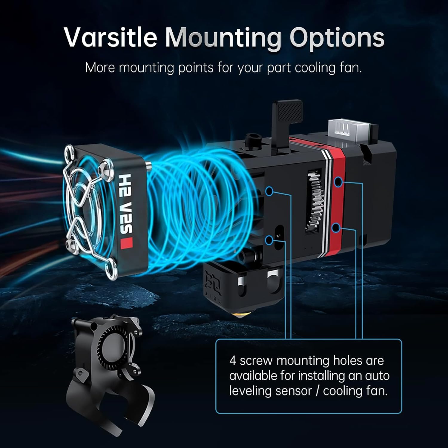 Diagram illustrating versatile mounting options and cooling fan placement for the BIQU H2 V2S Extruder.
