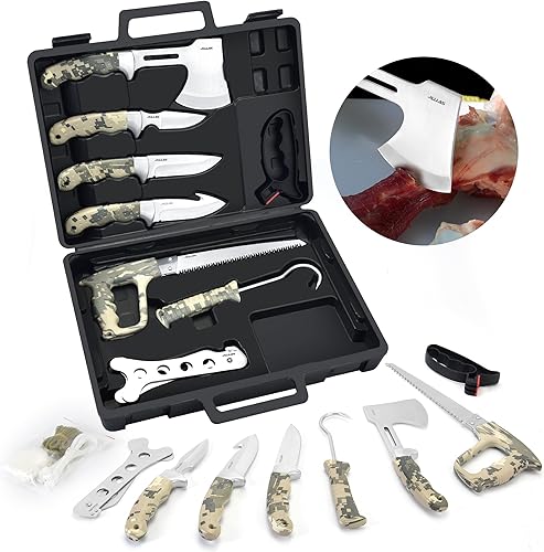 Miniatura 22 de Jellas Kit de cuchillos de caza, juego de 6 cuchillos de acero inoxidable con gancho intestinal, desollado, deshuesado, sierra, guantes y estuche