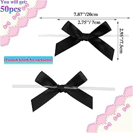 AKLVBL 50 Pack Black Satin Ribbon Twist Tie Bows for Treat Bags, Gift Bags, Bakery Candy Bags and Package Decorating Ribbon Bow, Bowknot for Gifts