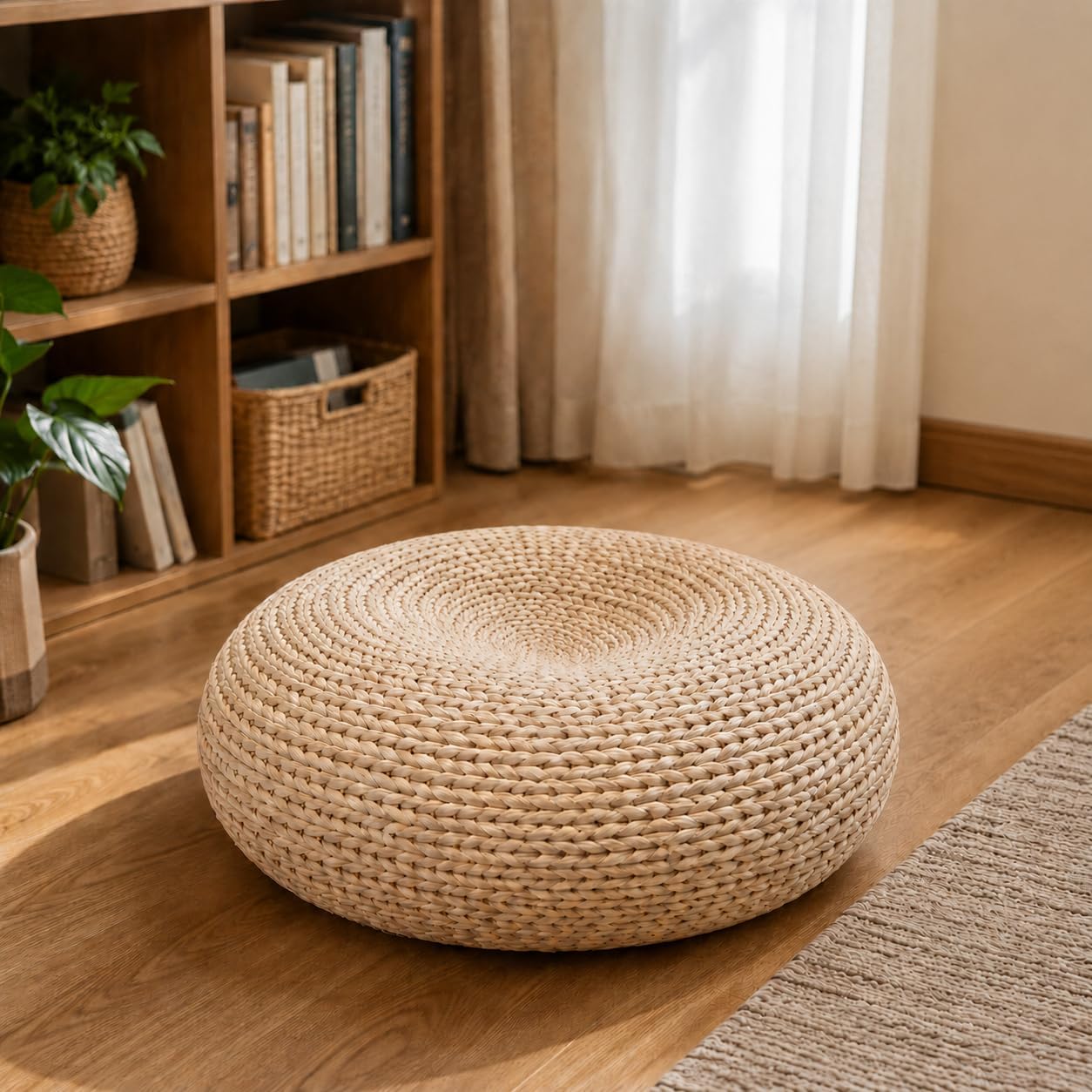 Round Rattan Floor Cushion, Handwoven Wicker Ottoman Foot Stool, Boho Meditation Seat for Living Room & Bedroom, 19.7" Dia x 6.7" H