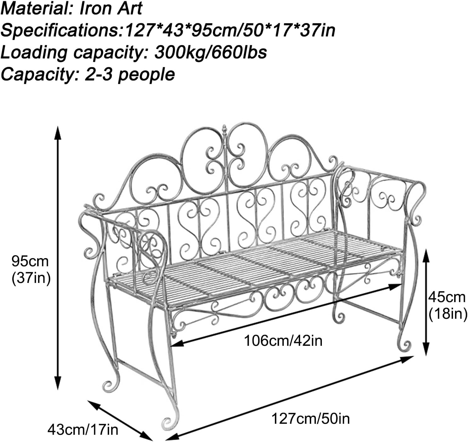 50" Outdoor Garden Bench, Iron Art Metal Loveseat for Park, Yard & Porch - Antique Floral Design Seating Furniture for Lawn, Balcony & Backyard (White)