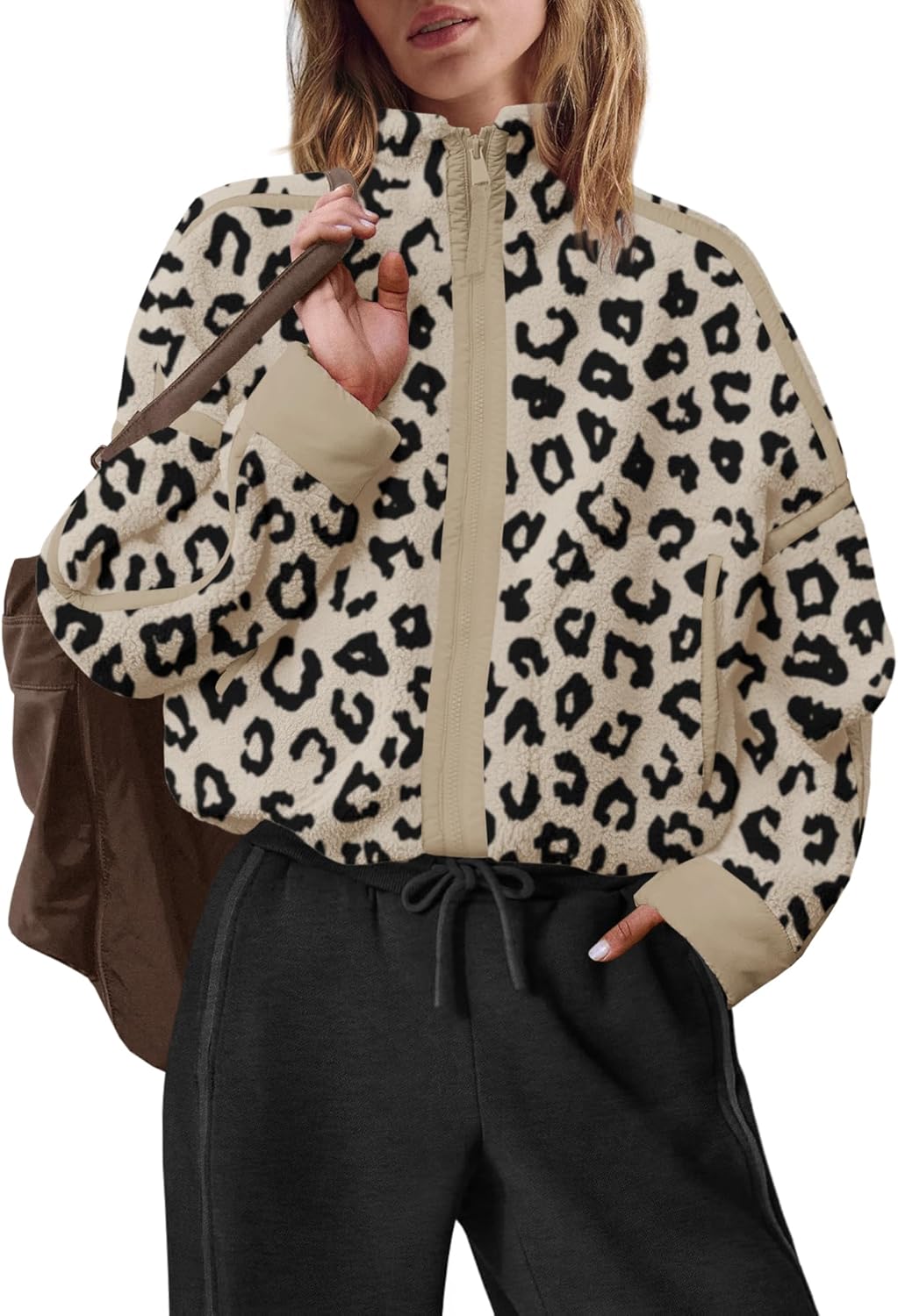 LAMISSCHE Zip up Fleece Jacket Women Oversized Mock Neck Sherpa Sweatshirt Striped Long Sleeve Pullover with Pockets