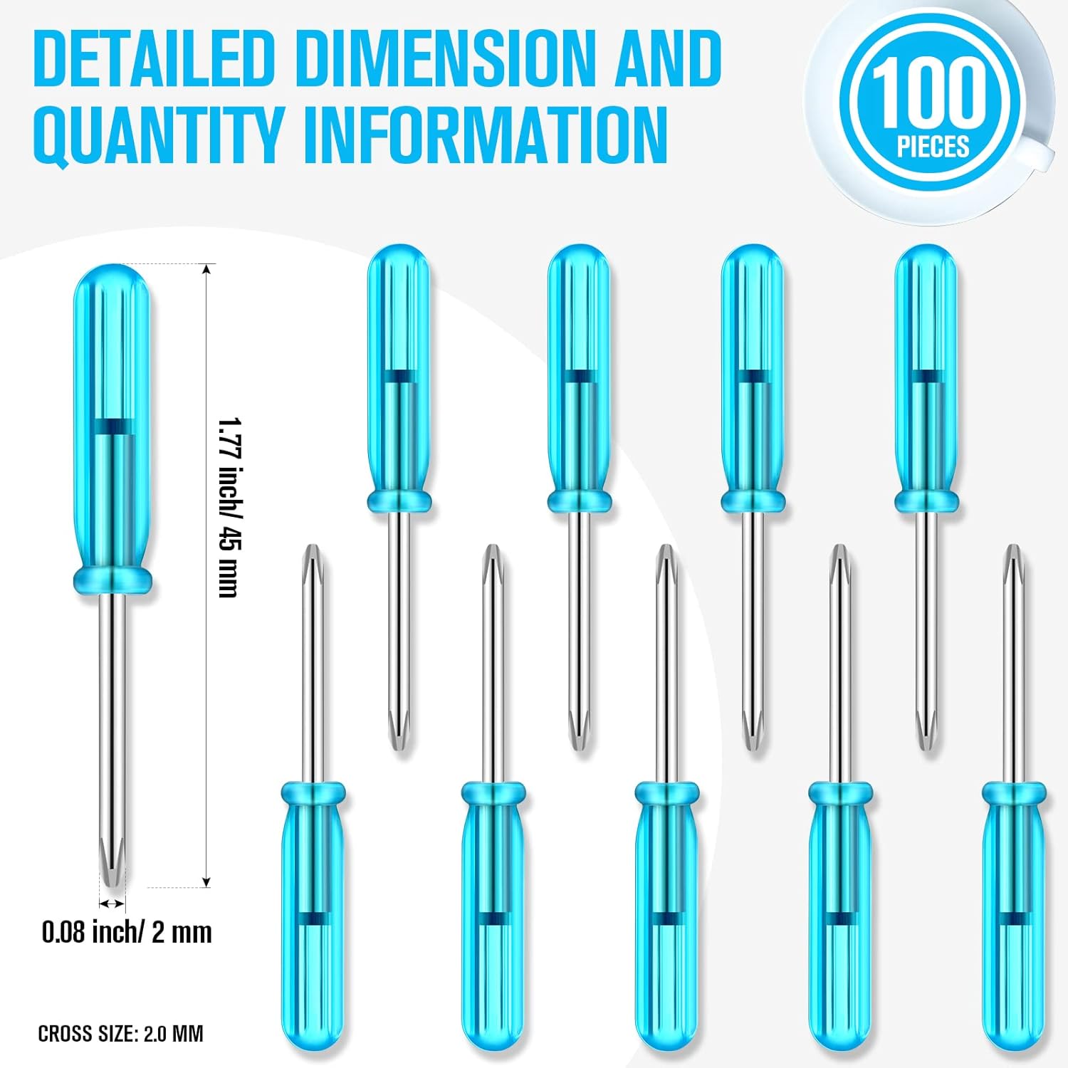 100 Pack Mini Screwdriver Tops Tiny 2.0 mm Pocket Cross Head Eyeglass Screwdriver with Blue Non-slip Handle for Watches Cellphone Camera Laptop Repair Tool