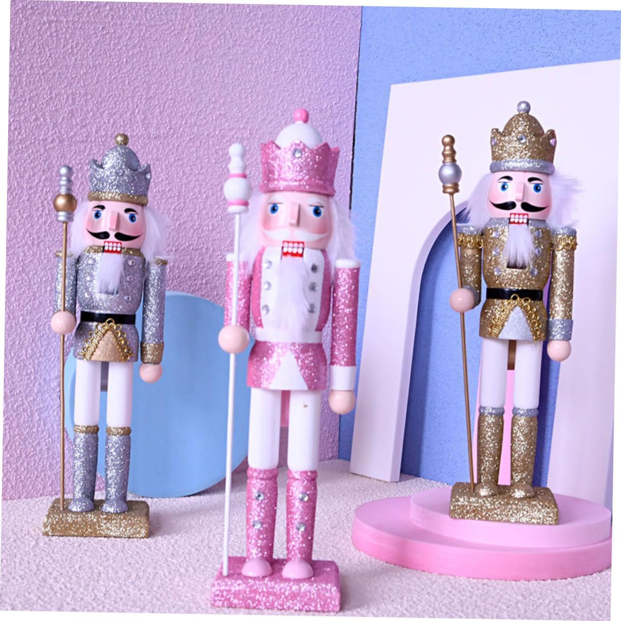 3pcs Wooden Nutcracker Figurines Glitter Pink Silver Gold Small Christmas Nutcracker Decor for Holiday Party Table and Shelf Display