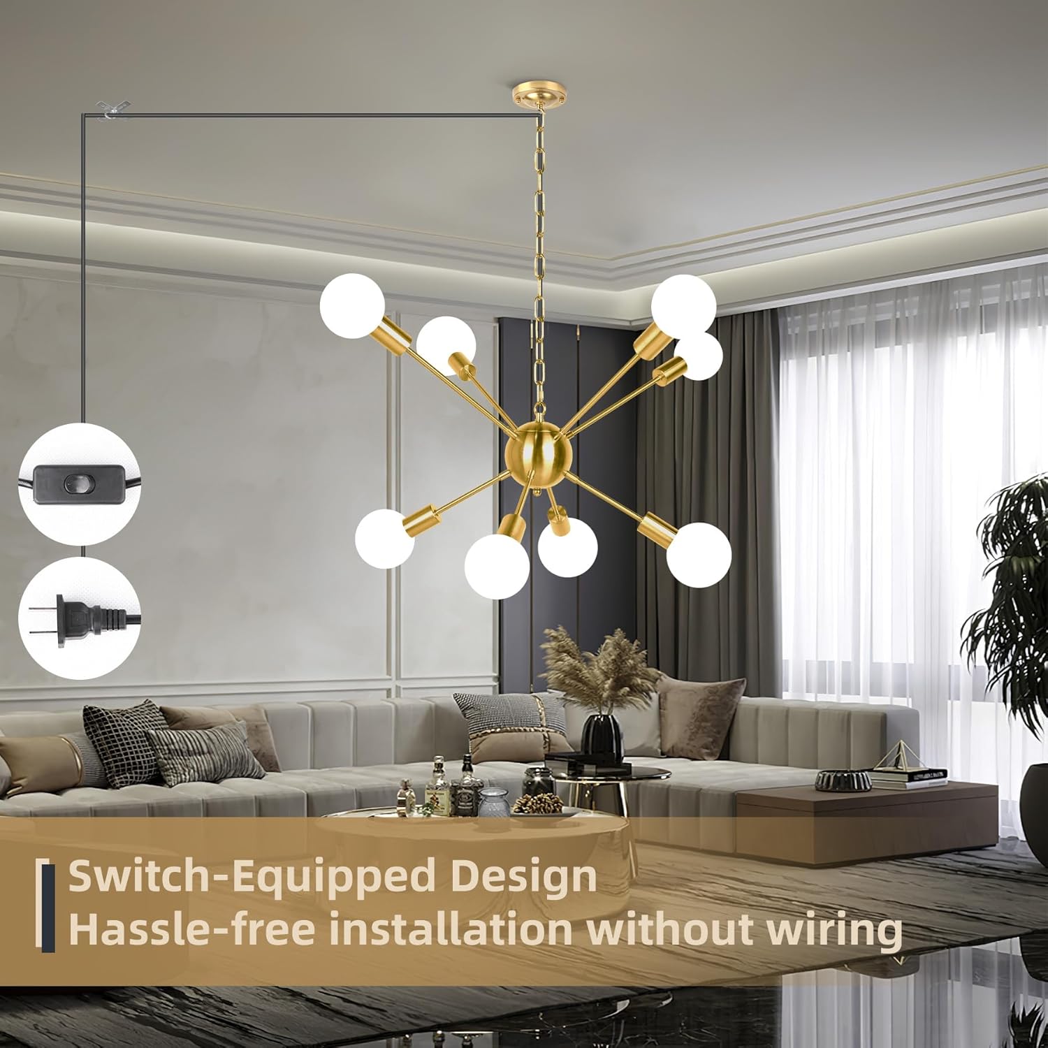 CHENBEN Sputnik Chandeliers,Gold Plug in Ceiling Light with Cord,8 Light Plug in Chandelier for Dining Room,Hanging Lights with Cord 16.4ft for Living Room, Kitchen, Entryway,Foyer