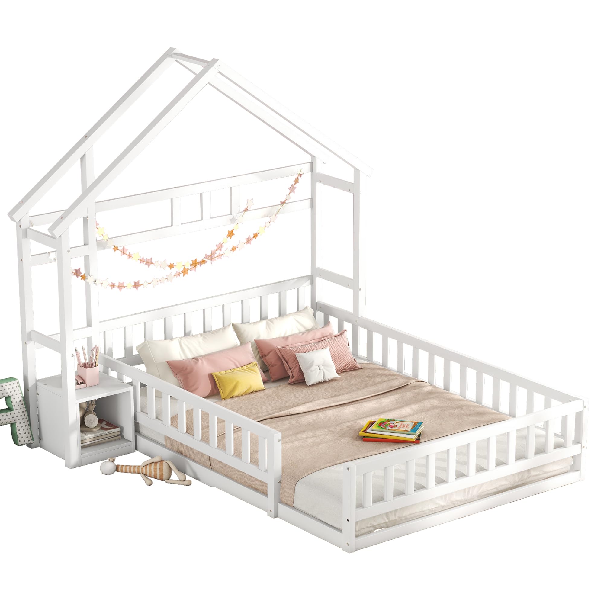 Dolamaní Letto da pavimento 140 x 200 cm per bambini con protezione anti-caduta -Montessori Lettino per ragazzi e ragazze, con comodino e supporto decorativo per la casa (bianco)