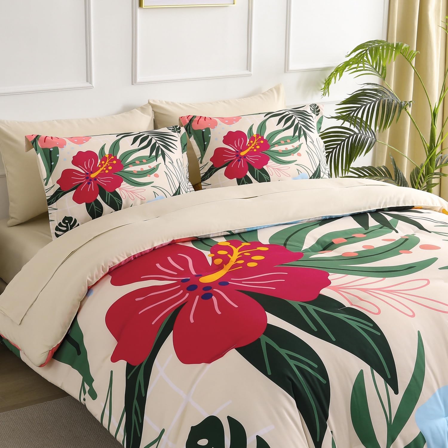 Yogeneg 7 Piece Bed in a Bag King Size Comforter Set Beige Bedding Set,Pink Floral Green Leaves Pattern Reversible Design,Soft Microfiber Comforter with Sheet Set,All Season(Beige,King) - Image 2