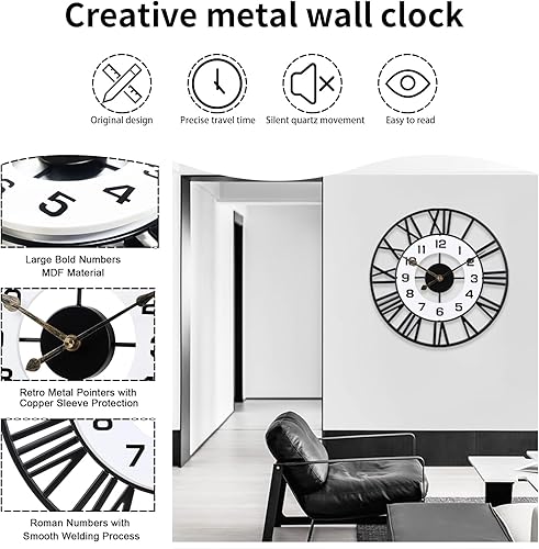 Miniatura 2 de Relojes de pared decorativos de metal de 16 pulgadas, silencioso y sin tictac, funciona con pilas, reloj de pared grande para sala de estar, cocina