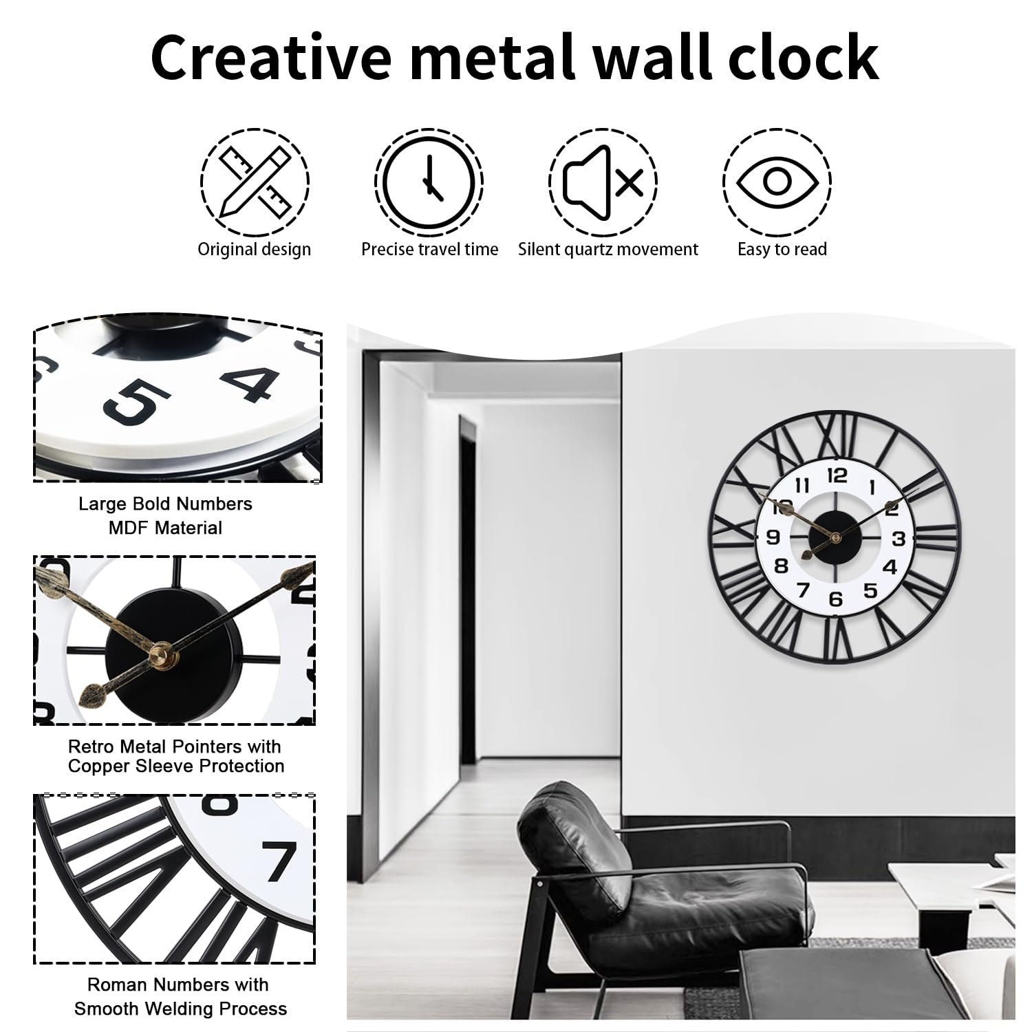 Dankeit 16inch Metal Decorative Silent Non-Ticking Quartz Wall Clock - Battery Operated, Large for Living Room, Kitchen, Home, Bathroom, Bedroom Wall Decor