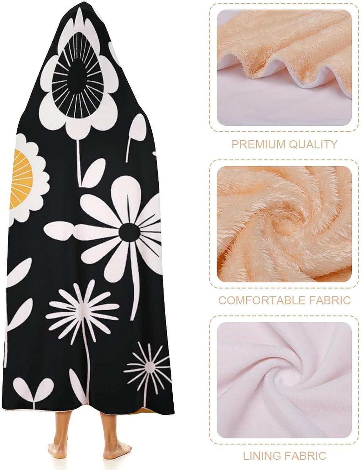 Simple Strokes of Flowers Wearable Hooded Blanket, Ultra Soft Arctic Velvet Cape Cloak Unisex - Cozy Wearable Blanket