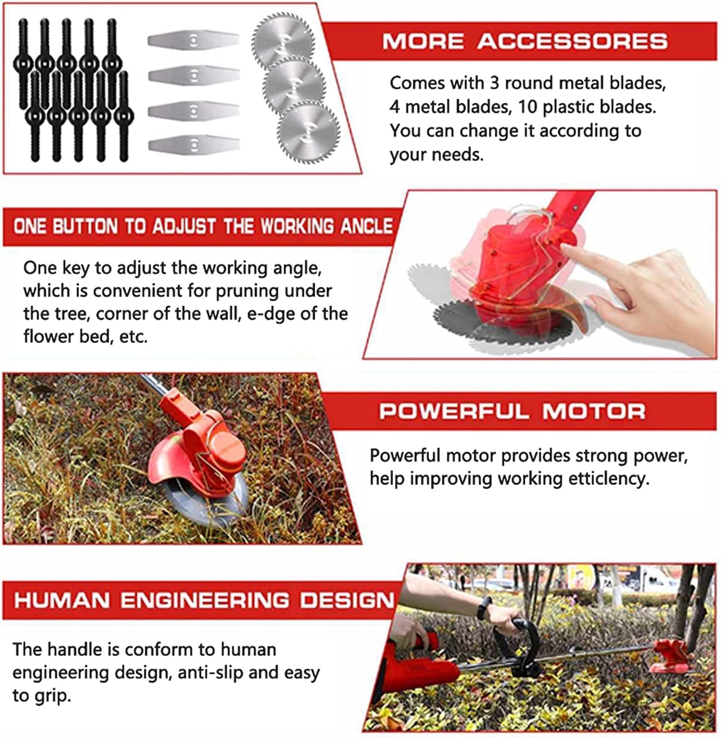 Decespugliatore elettrico da giardino, 21 V, senza fili, portatile, con 2 batterie e 3 tipi di lame, per cortile e giardino