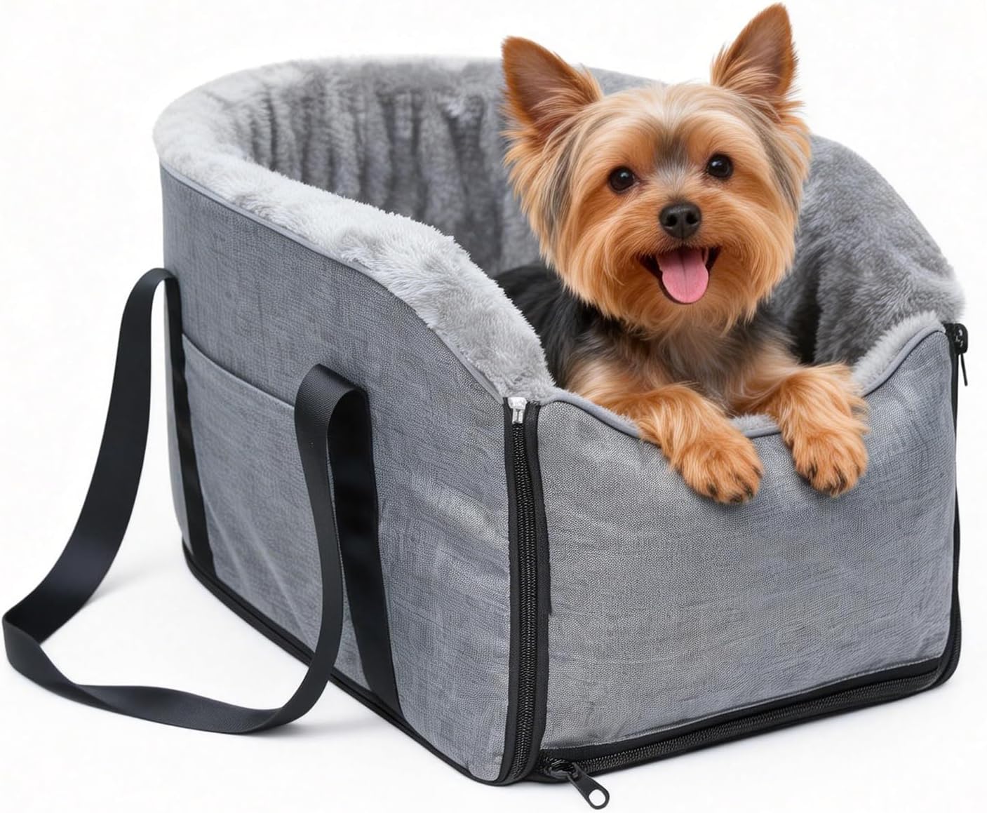 Center Console Dog Car Seat for Small Dogs & Cats Up to 11 lbs, Elevated Pet Booster Seat with Safety Belt, 3-in-1 Portable Pet Travel Carrier & Washable Indoor Bed, Anti-Slip Armrest Carseat, Grey
