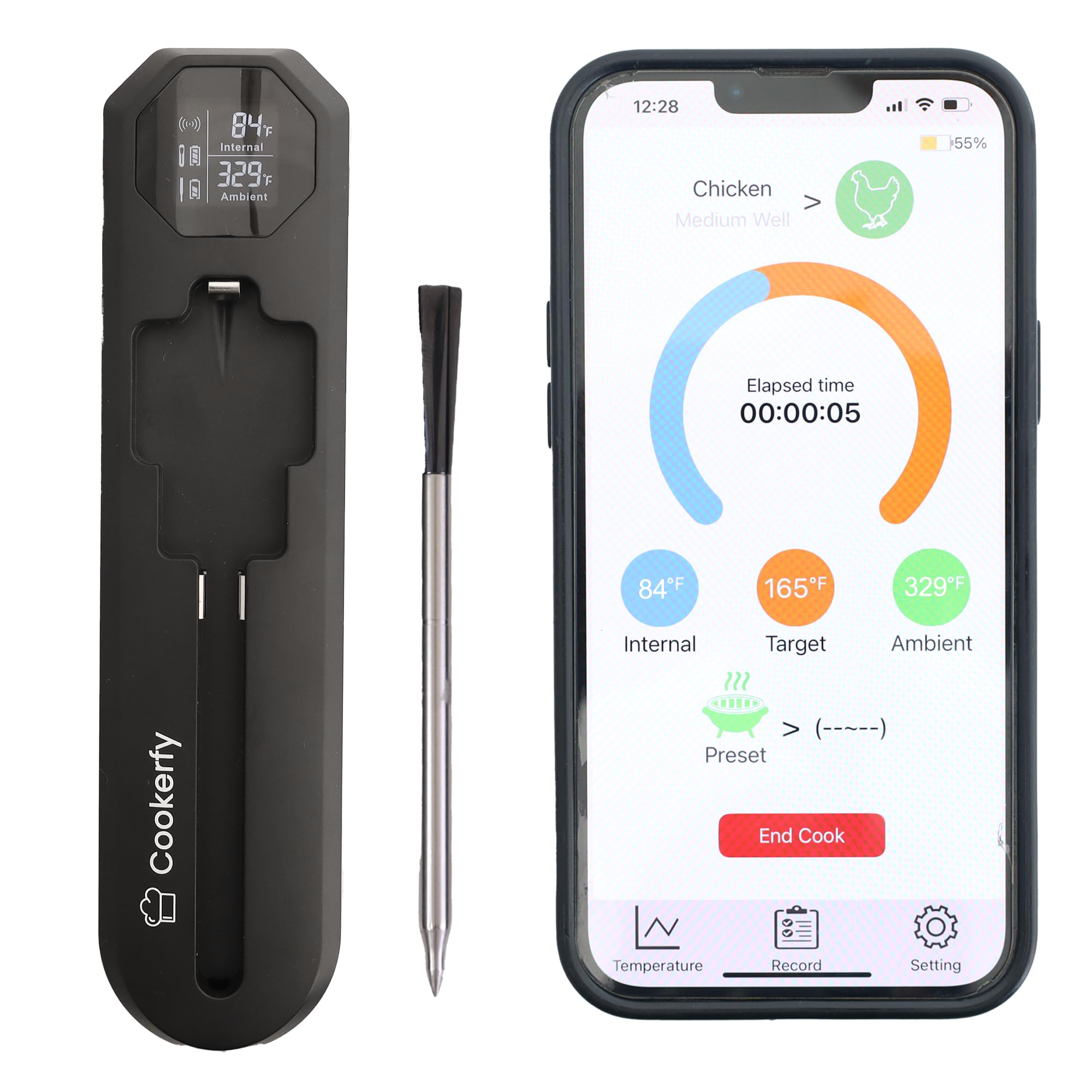 Termometro wireless Bluetooth intelligente per grigliare e affumicare, sonda di temperatura wireless in acciaio inox controllata da app digitale, portata 250 m, impermeabile, lavabile in