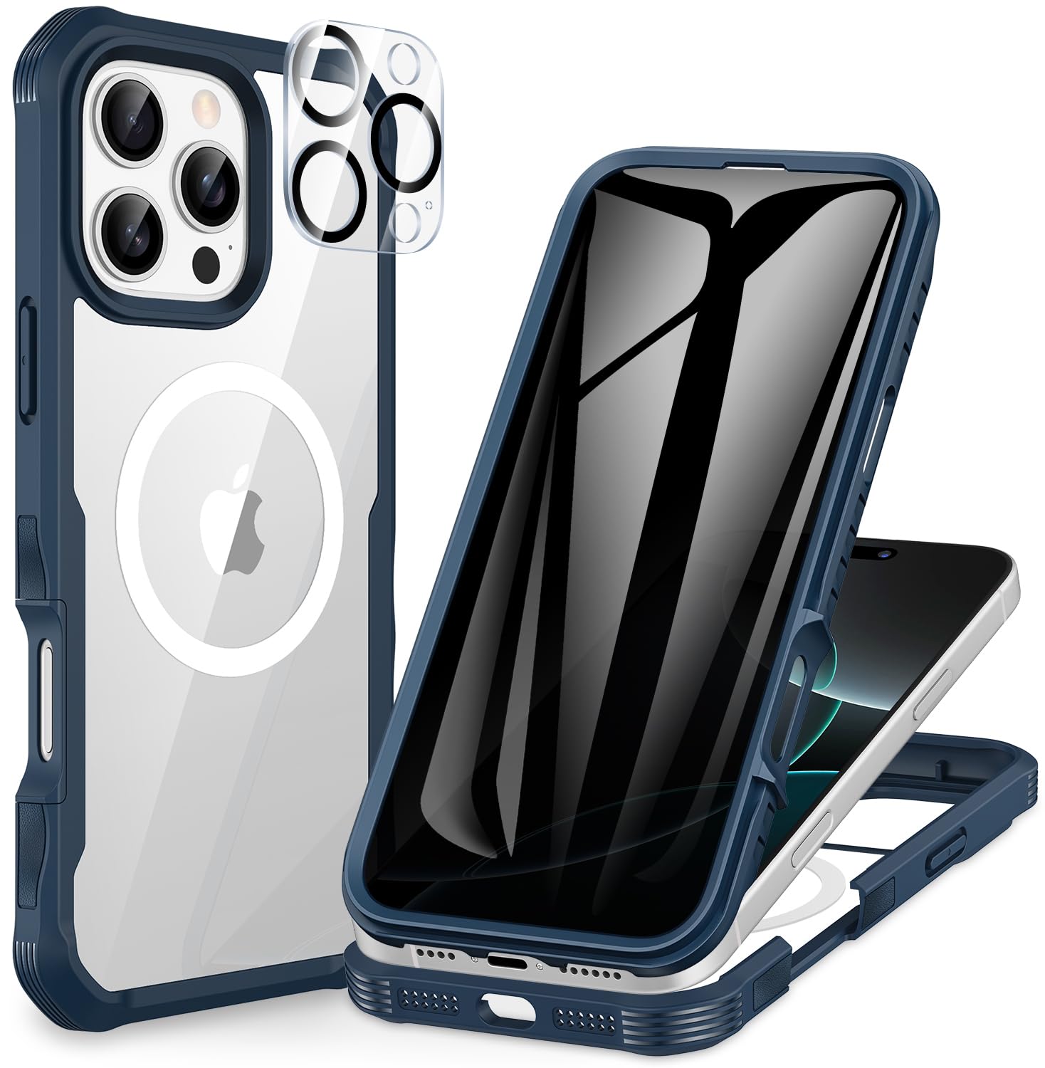 CENHUFO Magnetica Privacy Cover iPhone 16 Pro, Compatibile con Magsafe Integrata Vetro Temperato Anti Spia Schermo e Protezione Fotocamera, Custodia Antiurto 360 Gradi Rugged Doppia Faccia Case -Blu
