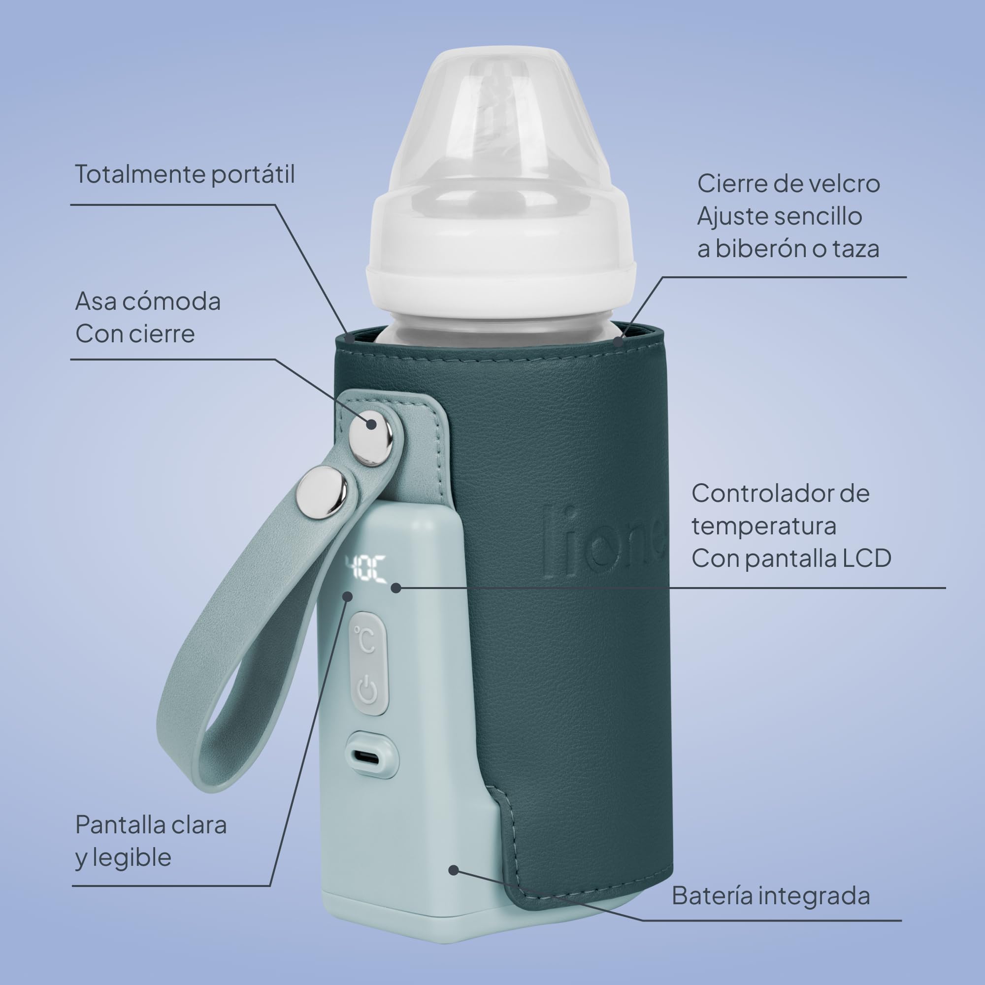 LIONELO Thermup Go Plus Calientabiberones Portátil, Mantiene los Líquidos Calientes, 5 Temperaturas de Funcionamiento de 38 a 50 C, Carga USB, 8h de Funcionamiento Pantalla LCD Silenciosa