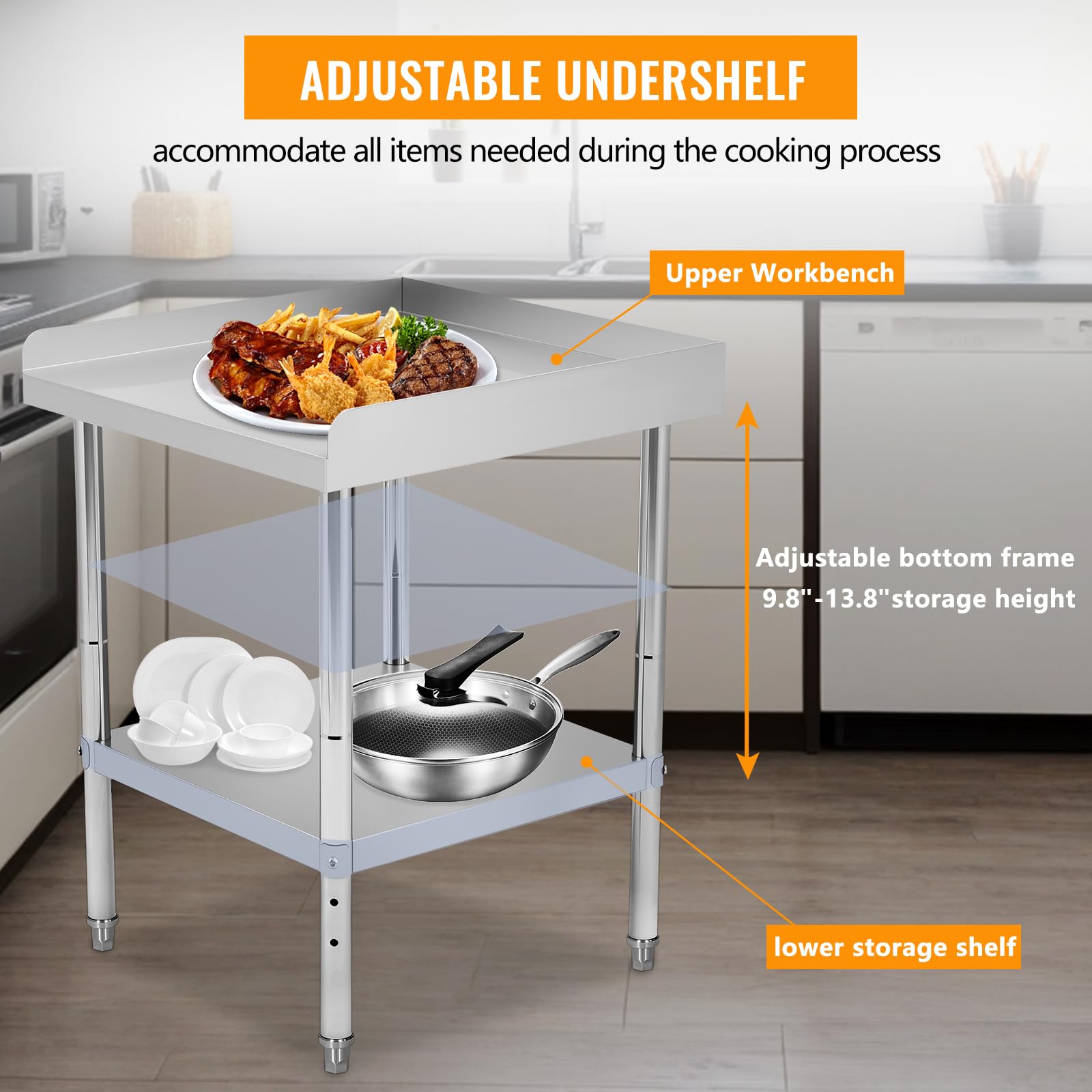 Garvee Mesa de Trabajo Acero Inoxidable 201 30,5 × 61 × 76 cm con Protector Fijo, Estante Inferior, Mesa Auxiliar Cocina BBQ Exterior
