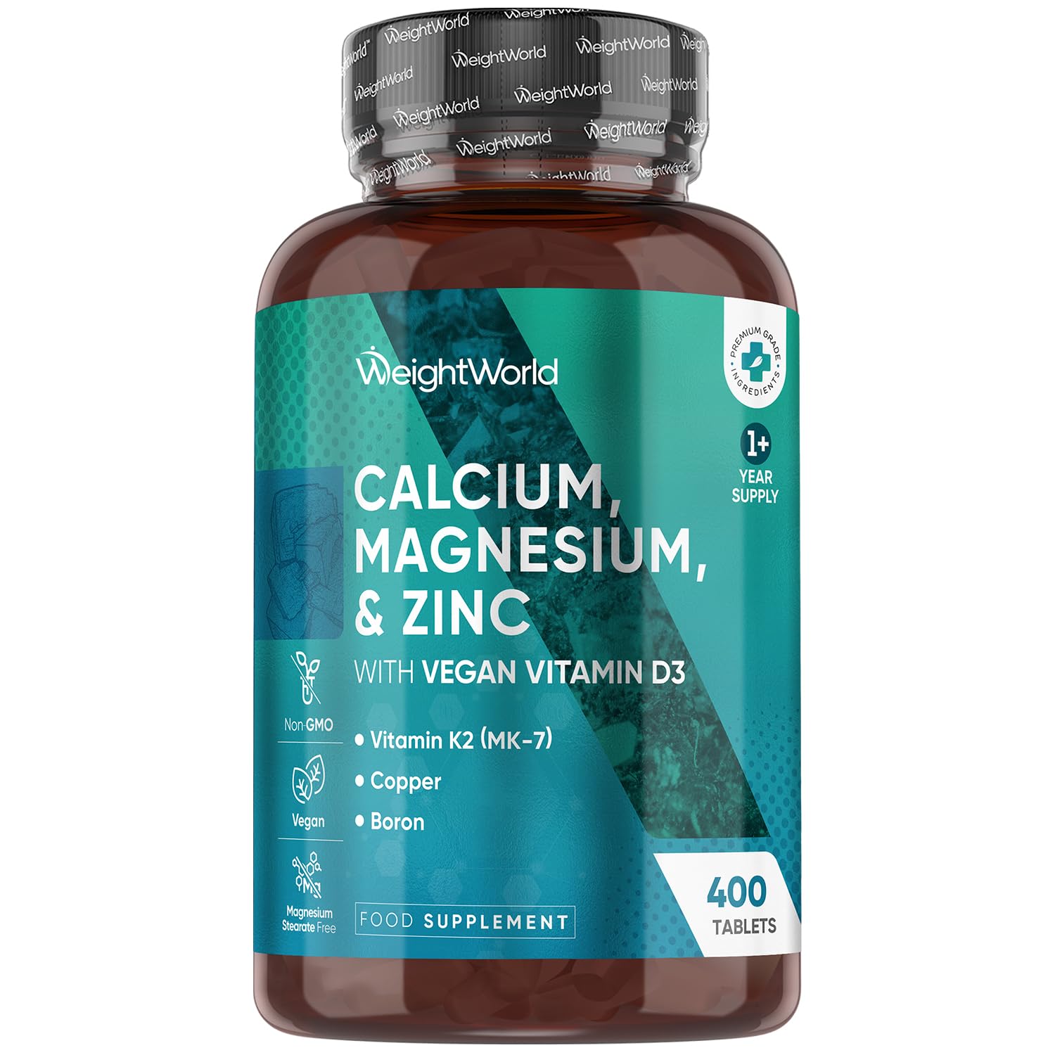 Calcium, Magnesium, Zinc and Vitamin D Supplement | 1+ Year Supply | 400 Vegan Tablets | Calcium Tablets with Vitamin K2, Vitamin D, Copper & Selenium | Magnesium Stearate-Free