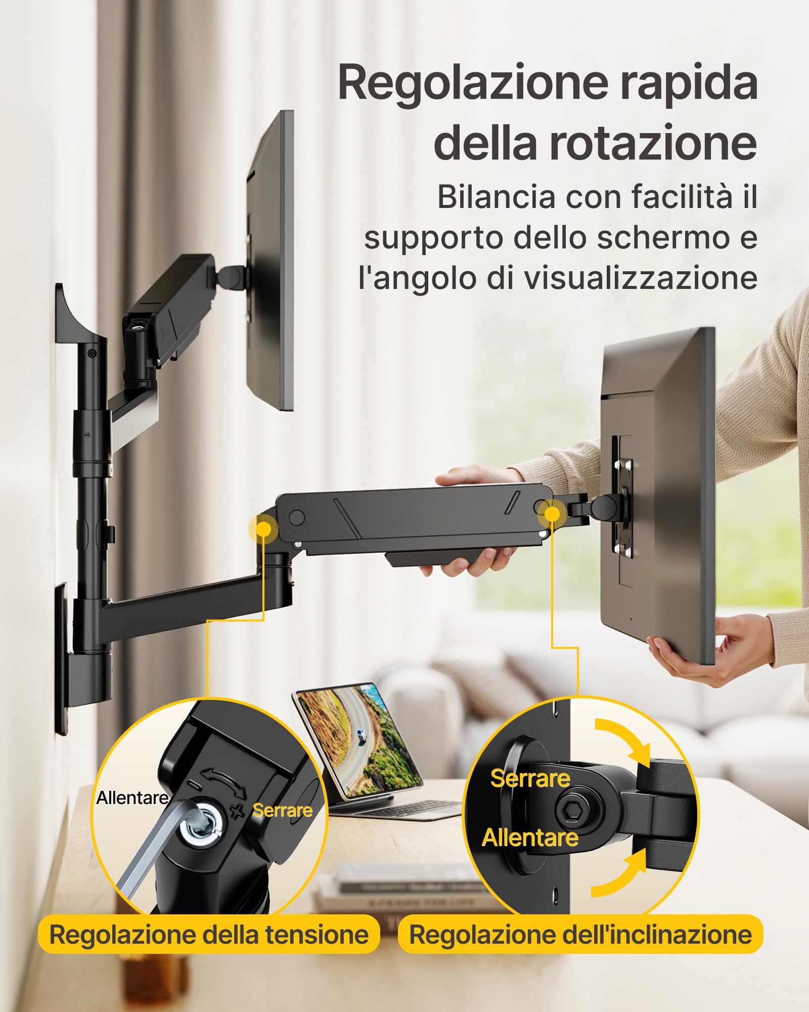 monTEK Supporto da parete per doppio monitor da 17 a 35", carico massimo 16 kg, compatibile con schermo piatto e curvo, braccio per monitor inclinabile, girevole e ruotabile, supporto da parete per TV