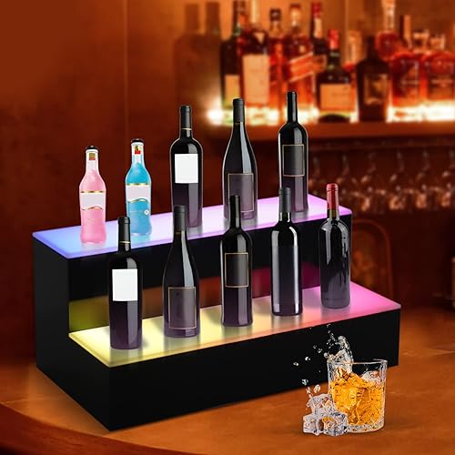 Miniatura 5 de Estante de exhibición de botellas de licor con iluminación LED, estantes de barra LED de acrílico de 16 en 2 escalones para licor, soporte de