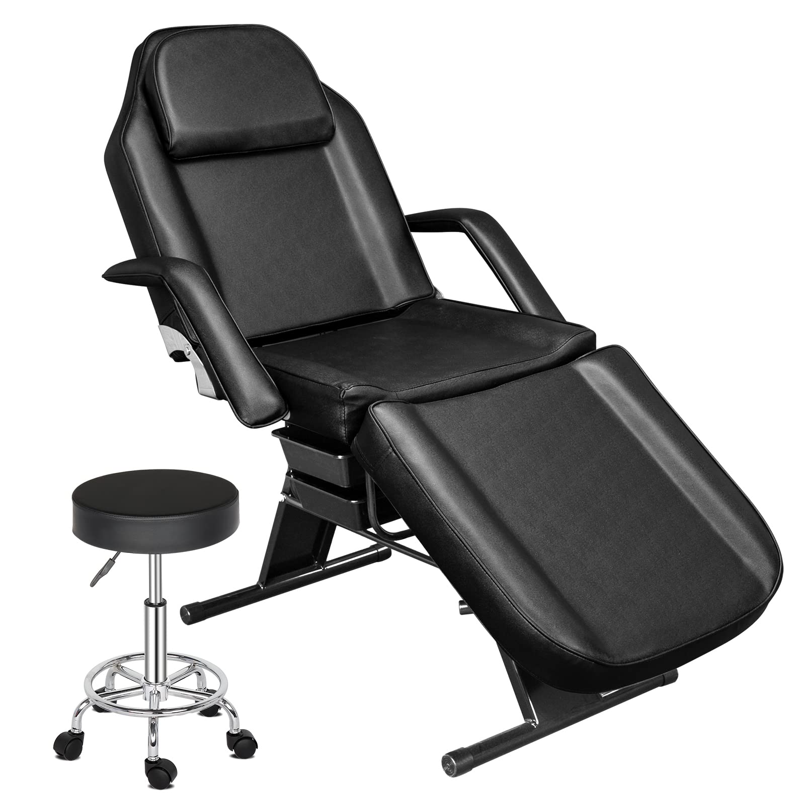 Esthetician Salon Bed with Hydraulic Stool,Professional Massage Tattoo Table Salon Spa Equipment with Beauty Basket,Facial Beauty Barber Waxing Lash Microblading,Black