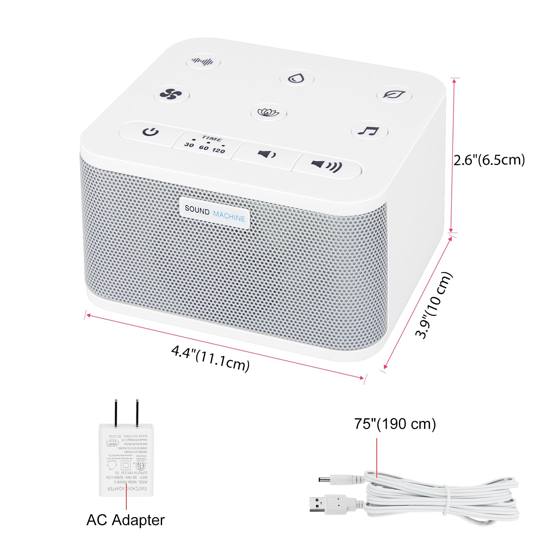 BIGMONAT Máquina De Ruido Blanco con Control Remoto,45 Fuentes de Sonido Calmantes Naturales y de Corriente Alterna (Incluidas),Adecuadas Para Adultos y Bebés Pequeños - Blanco