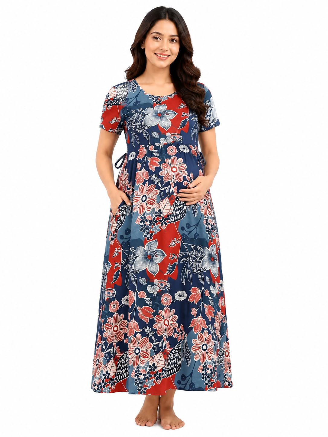 Women’s Navy Blue & Red Floral Print Maternity & Night Dress with Pockets-image-44