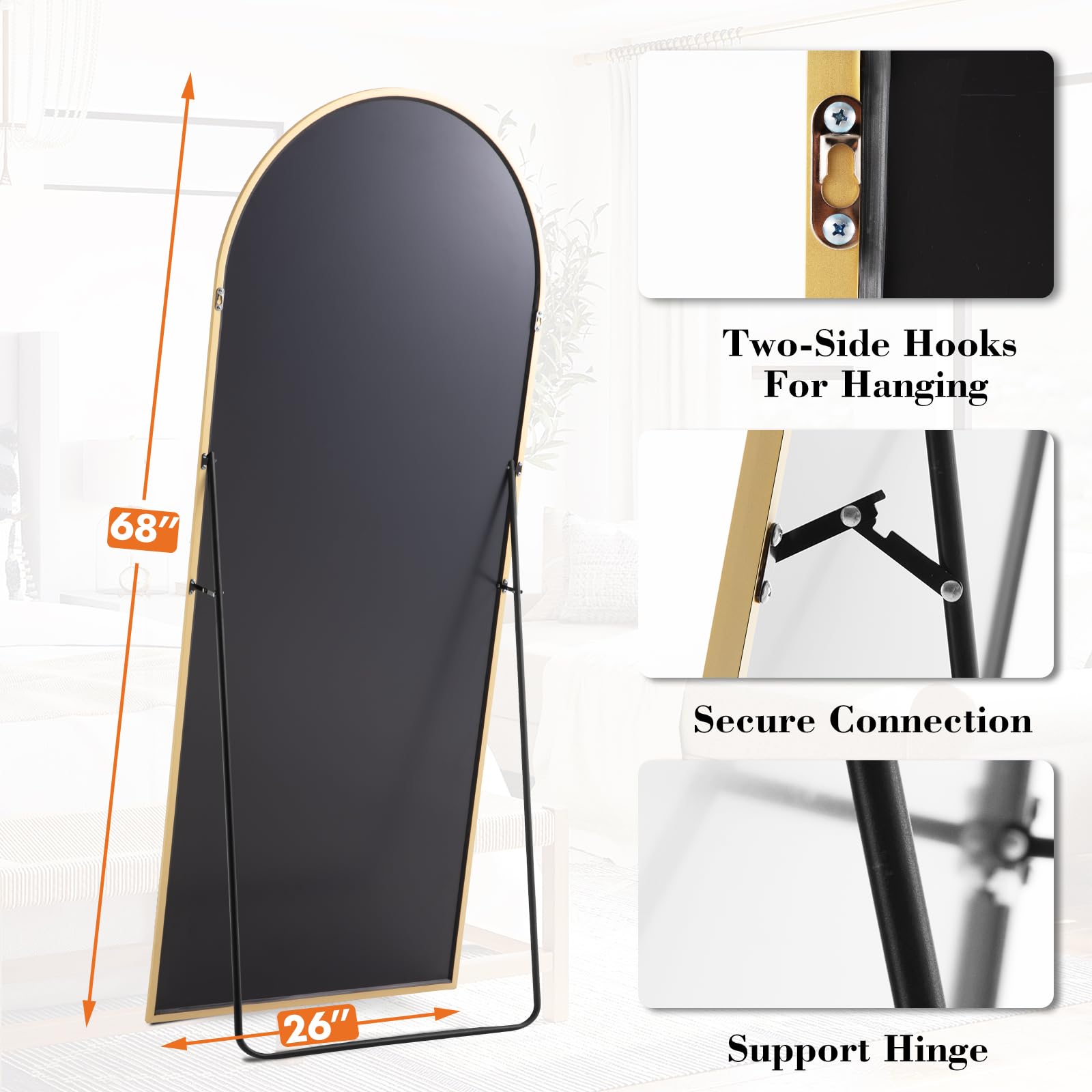 NEWBULIG Full Length Mirror, Upgraded Body Wall Mirrors with Shatter-Proof Glass, Floor Standing Mirror, Home Wall Decor: Gold-arched 65"L x 24"W