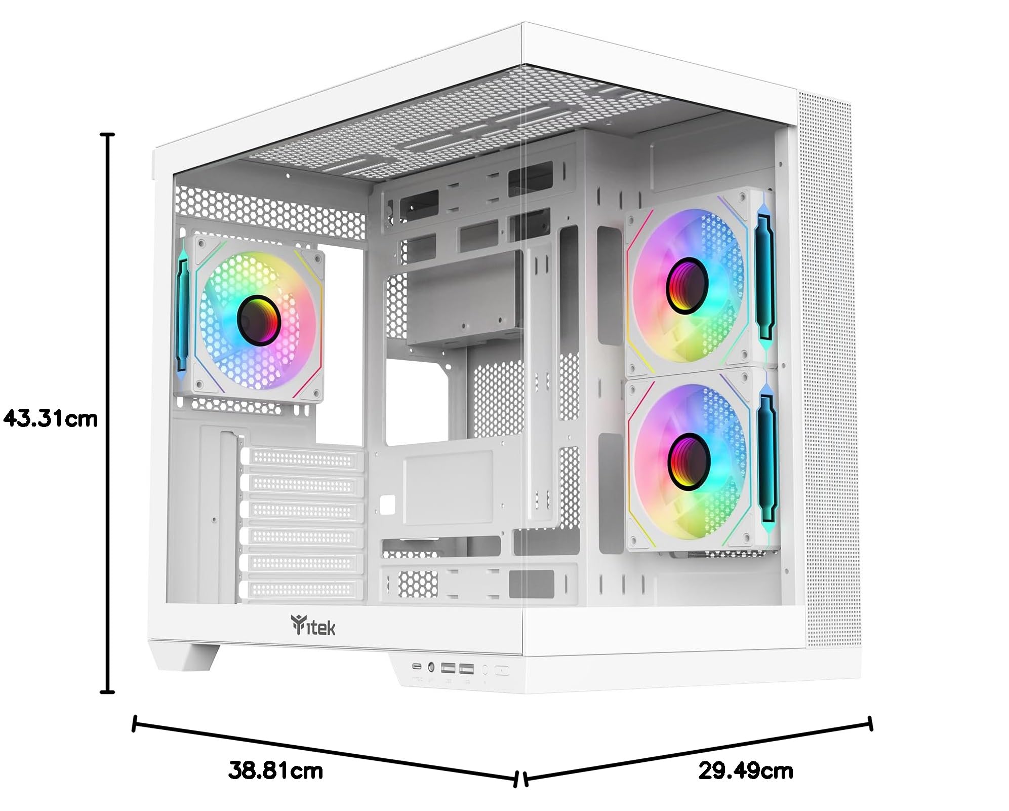 Itek Case Gaming DARK CAVE DS ATX White Edition, 3 Ventole da 12cm ARGB, 2x USB3, 1x Type-C, Vetro Temperato Frontale e Laterale