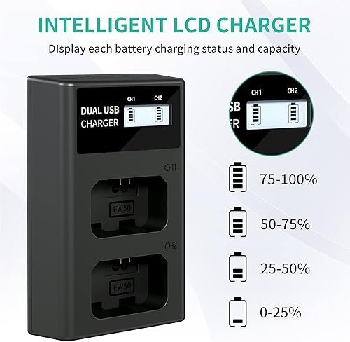 Miniatura 5 de Cargador de batería NP-FW50, cargador dual LCD compatible con Sony Alpha A6000, A6400, A6100, A6300, A6500, A5100, A7, A7 II, A7R, A7R II, A7R2,
