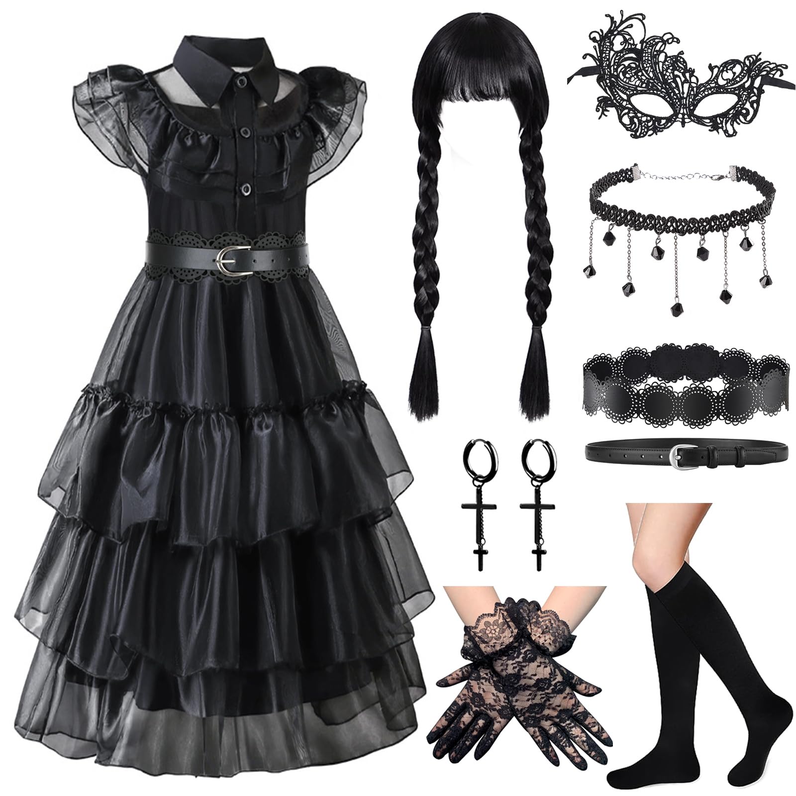 10 Pcs Gothic Dress Costume Set for Kids Girls, Halloween Fancy Dress Up Princess Costume Dresses Gothic Cosplay Outfit Black Dresses with Wig Necklace Waist for Halloween Carnival Party Supplies