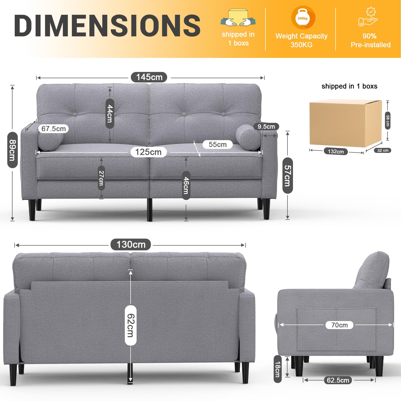 2-Sitzer Sofa, Dicke Kissen, 2 Kissen & Taschen (Grau) | Bequemes Leinen-Sofa, 2-Sitzer mit 2 Kissen, Seitentaschen, Ergonomisches Design & Einfache Montage für Wohnzimmer & Büro