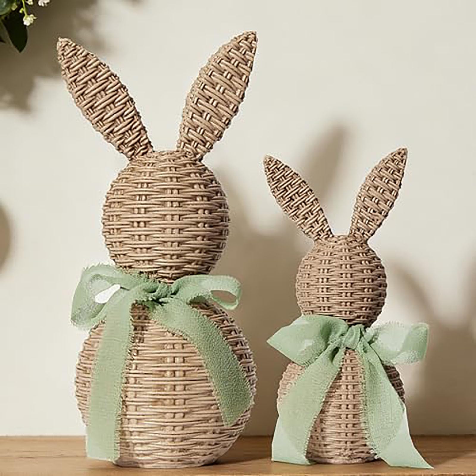 Coniglietti con fiocco verde chiaro, 2 pezzi, decorazioni pasquali grandi e piccole, set di statuette, centrotavola primaverile in stile fattoria, decorazione per la casa, Banco Da (A, One Size)