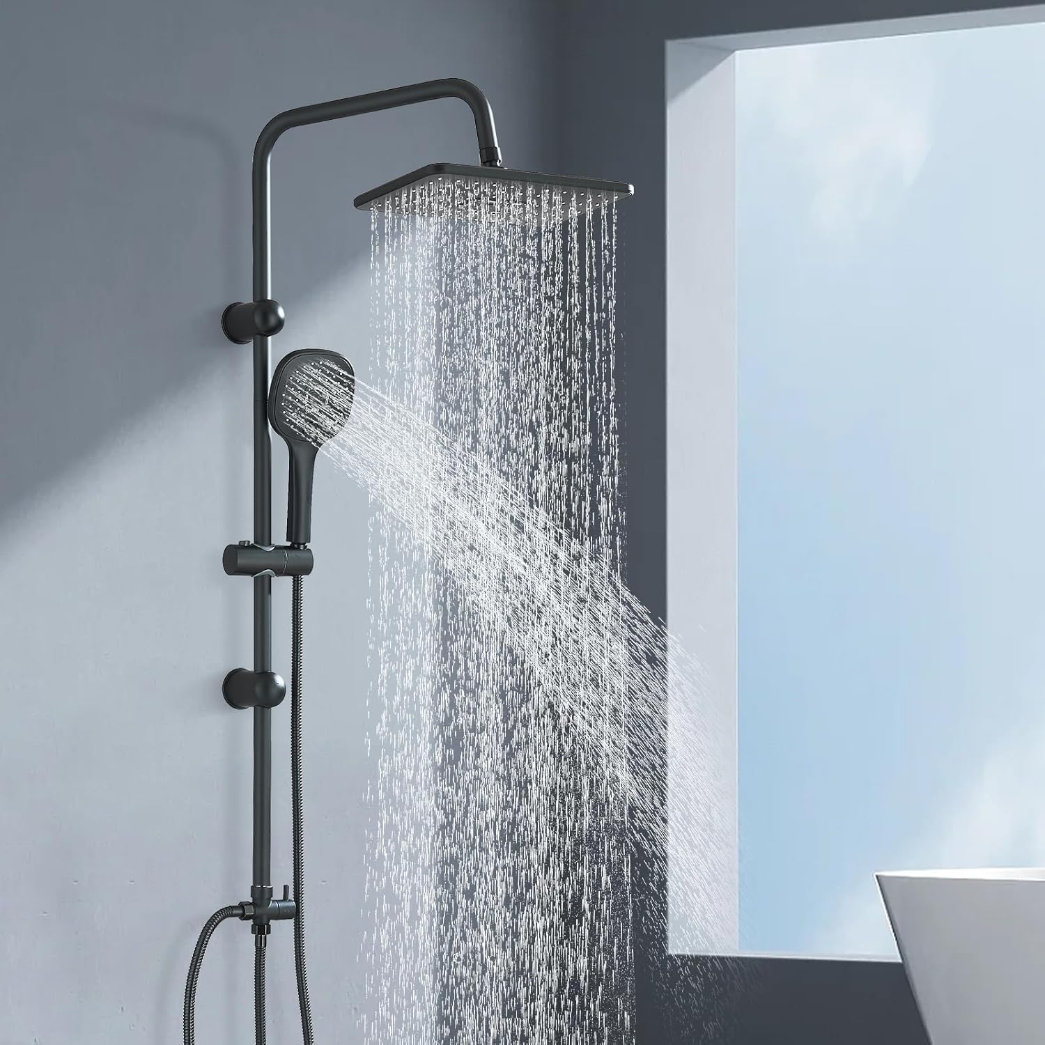 Zamery Square Overhead 29 * 19cm Rain Shower Kit and Hand Held Shower Twin Bath Set for Bathroom, Stainless Steel,Matte Black