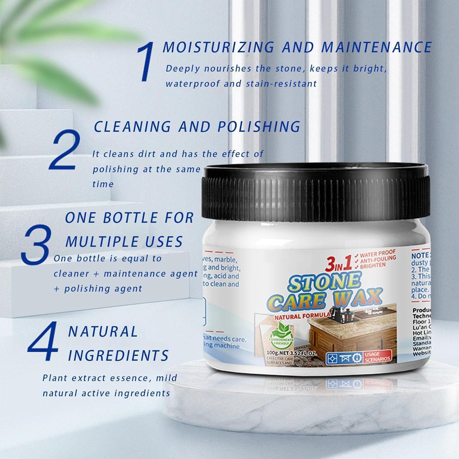 Kit De Polissage Pour Pierre – Granit, Marbre, Comptoir – Cire, Détachant De Rayures, Nettoyant