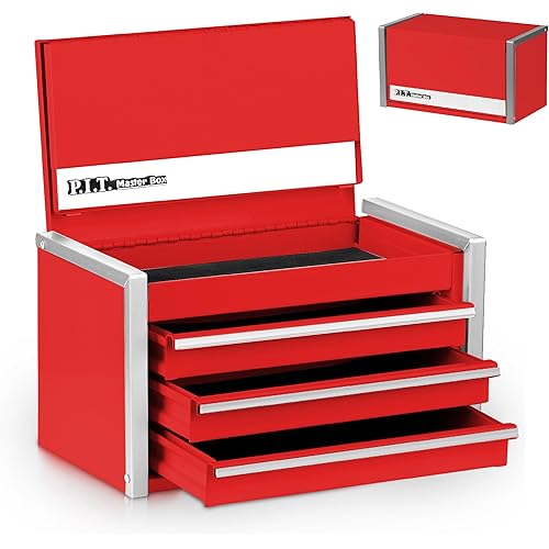 P.I.T. Mini Red Tool Box, Portable 3 Drawer Steel Stackable Tool Box with Magnetic Tab Locking, Red Micro Top Chest with Liner for Tools Storage and Organizers, Home DIY